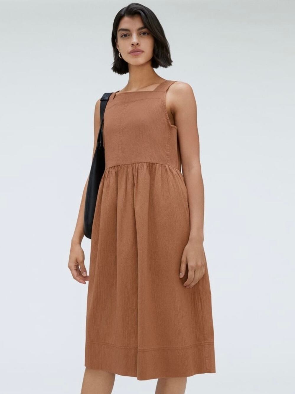 Everlane Sz M SEERSUCKER MIDI DRESS Terracotta Rust Square Neck Organic Cotton